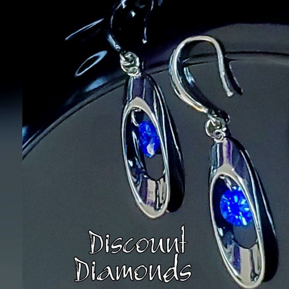 Round Blue Crystal Long Dangle Fishhook Earrings on 925 Silver